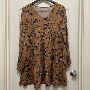 True Craft Tiered‎ Mini Dress Long Sleeve Brown Floral Boho Cottage Fall Large